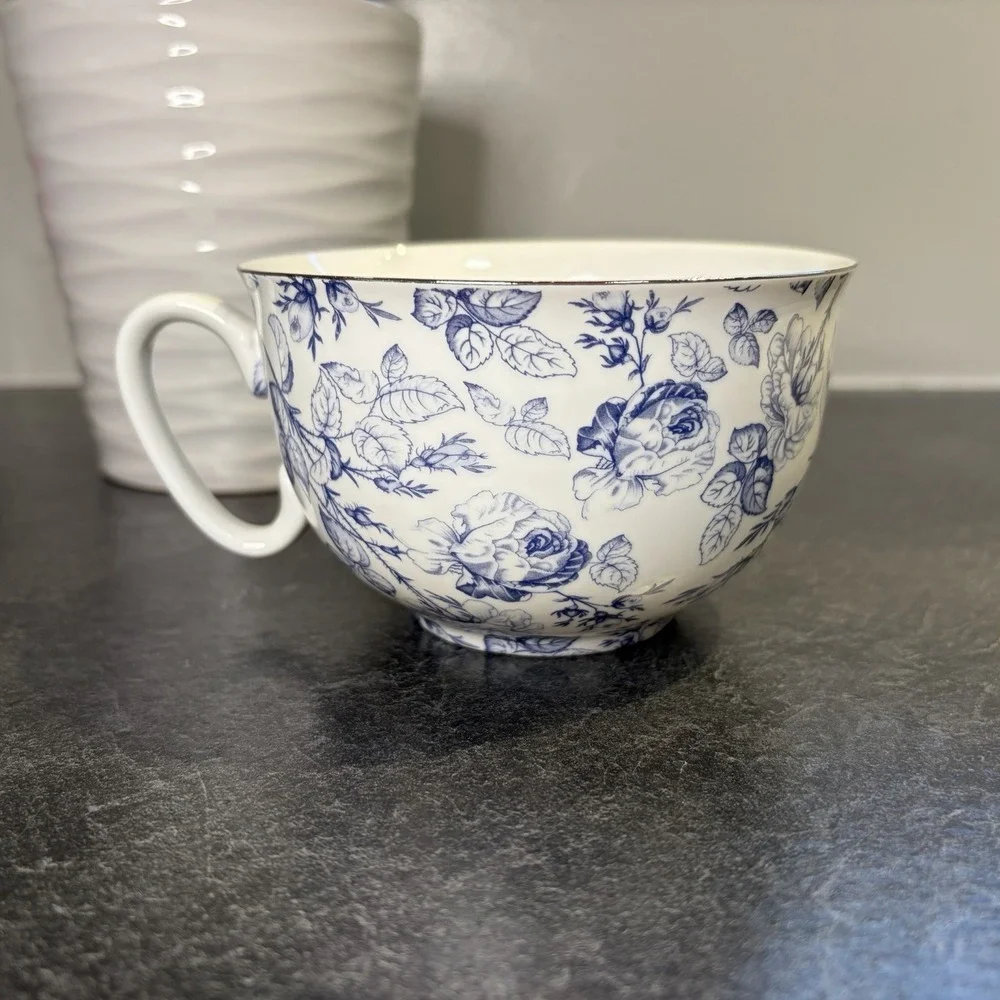 Grace Teaware Blue Rose Toile Fine Porcelain Oversized 16oz Tea Cup & Saucer EUC